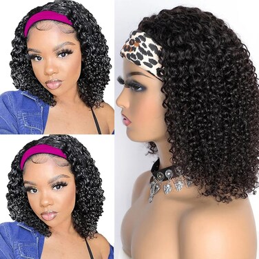 Water Wave Headband Wig Human Hair Glueless None Lace Headband Wig Brazilian Human Hair Machine Made Curly Wigs for Black Women, Short Wigs Kinky Curly Weave 100% Unprocessed Hair 150% Density 12 Inch