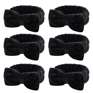 WHAVEL 6 Pack Spa Headbands,Black Makeup Headbands Microfiber Bowtie Headbands Facial Headband Soft Bowknot Fluffy Elastic Hair Band Headbands Cosmetic Coral Fleece Shower Headband