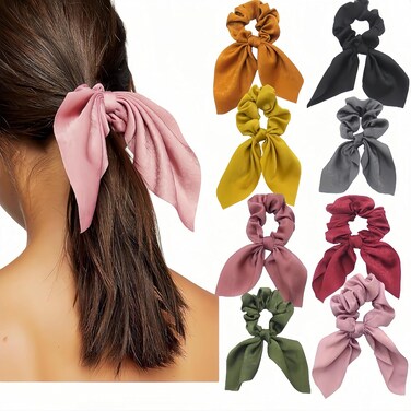 8PCS Hair Scrunchies Satin SilkRabbit Bunny Ear Bow Bowknot Scrunchie Bobbles Elastic Hair Ties Bands Ponytail Holder for Women Accessories Hair Clips