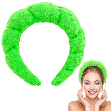 BEGOOD Spa Headband for Washing Face Skincare Headbands Sponge Makeup Headband Terry Towel Cloth Hairband Bubble Head Band puffy Headwear Hair Accessory (Green)