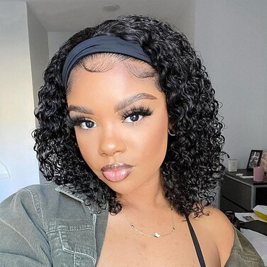Aisaide Afro Kinky Curly Headband Wig Black Kinky Curly Half Wigs for Black Women Synthetic Short Deep Wave Afro Curly Headband Wig Natural Black Headband Wig Afro Glueless Curly Headband Wig