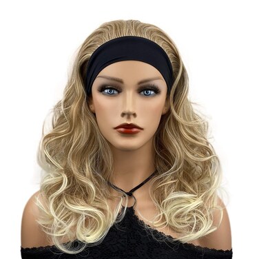Wiginway Long Curly Wavy Synthetic Wigs with Headband Heat Resistant Fiber Hair Natural Fashion for Women Lady Brown with Blonde Highlights