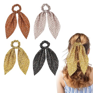 4Pcs Floral Hair Scarf Scrunchies Floral Hair Scarf with Long Ribbon Bow Scrunchies Boho Elastic Floral Bow Hair Ties Hair Accessories for Woman Girls