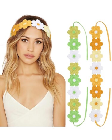 WELROG Crochet Headbands for Women Girls,Hippie Headbands Knit Boho Flower Hair Bands(Flower,Green+Yellow)