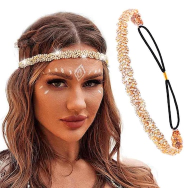 Fstrend Women Crystal Elastic Headband Gold Sparkle Rhinestone Wedding Headpieces Brithday Dating Head Chain for Bride and Bridesmaids (Gold)