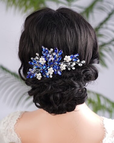 Crystal Rhinestone Hair Comb with Floral Accents, Bride Headpiece, Wedding Hair Accessories, Handmade Hairband for Women and Girls (blue)