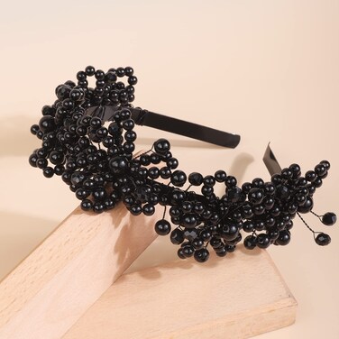 Hairband, Black Pearls Headband, Pearls Crystal Rhinestone Wedding Hair Piece, for Bridal Women and Girls