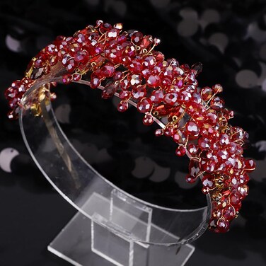 Octwine Vintage Bridal Gold Green Headpiece Handmade Wedding Headband Hair Vine Rhinestoens Headband Bridal Wedding Hair Accessories (Red, Width1.9inches)