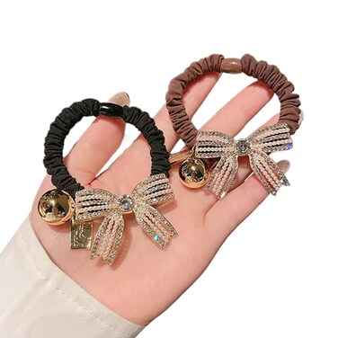 2Pcs Elegant Rhinestone Bow-knot Scrunchies Hair Bands Pearls Bow Hair Ties Ponytail Holder Hair Accessories for Women Girls