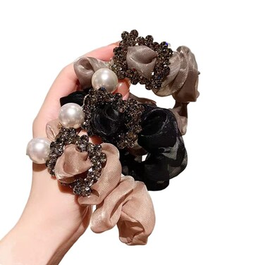 3Pcs Rhinestone Pearls Scrunchies Hair Ties Silk Satin Scrunchy Hair Elastics Bands Ponytail Holder Hair Accessories for Women Girls