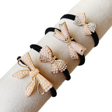 4Pcs Elegant Pearl Rhinestone Hair Bow Ties Hair Scrunchies Stretch Hair Ropes Accessories for Women and Girls Ponytail Holder