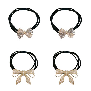 4Pcs Korean Fashion Scrunchies Hair Bands Rhinestone Pearls Bow Hair ties Ponytail Holder Hair Accessories for Women Girls