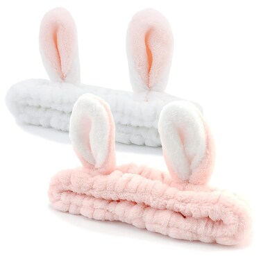 YISSION 2PCS Bunny Ears Spa Headband No Slip Head Band for Face Wash Makeup Skincare Facial Headband Elastic Hair Band Carol Fleece Headbands for Women Girls (Pink White)