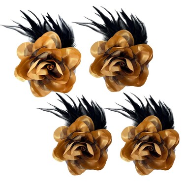 Sanrich 4pack Mexican Flower Hair Clips Large Rose Hairpin Headpieces with Feather Hair Accessories Flower Brooch for Bridal Headpiece,Flamenco Dancer (Gold)