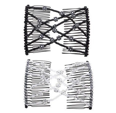 LOVEF 2Pcs Magic Hair Comb Clip for Women Girls Beaded Flower Barrette Hairpin Elastic Double Hair Combs Clips Hair Accessories
