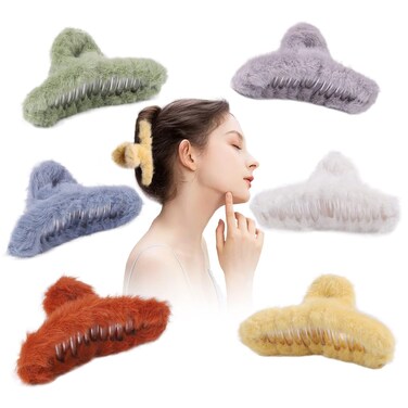 6Pcs Fur and Fluffy Aesthetic Claw Hair Clips for Women, Kawaii Thick Hair Clamps With Strong Non-Slip Hold