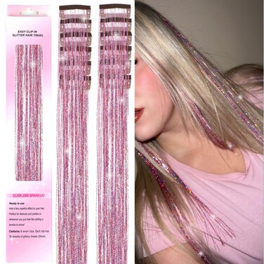Hair Tinsel Clip in 12Pcs Pink Tinsel Hair Glitter Tinsel Hair Extensions Clip in Hair Tinsel Fairy Hair Tinsel Heat Resistant Sparkly Hair Accessories for Girls Women Kids (12Pcs PINK)