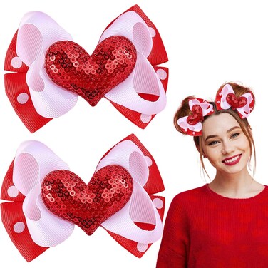 Valentine Hair Clips Bow knot Red White Heart Sequin Hair Pins Head wear Cute Bow Hair Barrettes Valentine Hairpins Hair Accessories for Girls Women Toddlers Hair Bows 2PCS