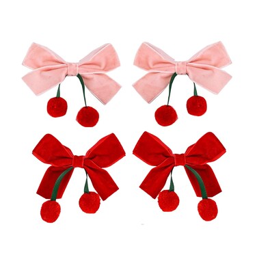 Velvet Ribbon Hair Bow Clips - 5 Pairs Cute Hair Bow Clips with Red Cherry Ball Handmade Alligator Barrettes Pins Bowknot Party Dress Decor Accessories for Girls (Pink/Red)
