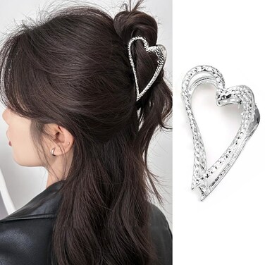 Heart Hair Clip, Metal Sliver, Valentine's Day Hair Accessories, No Slip Heart-Shape Claw for Thick &amp; Thin Hair, 3.14 inches, Women Girls Hair Styling