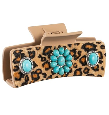 Western Turquoise Hair Clip with Leopard Pattern, Cowgirl Brown Square Hair Clip, 4.1 inch, Large Western Cowgirl Stuff Gift for Women Girls