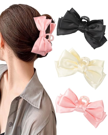 CHLINS 3 Count Bow Claw Clip - Bow Clips for Women in Satin, Nonslip Claw Clips for Thick Thin Hair, Hair Accessory in Black, White, Pink