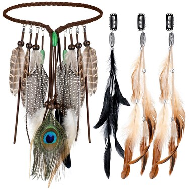 XunYee 3 Pack Feather Hair Clips and 1 Boho Feather Headband Hippie Hair Extensions with Clip Comb Set for Women Mardi Gras Cosplay Costume Carnival Party Headdress Accessory Gifts(Boho Style)