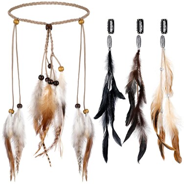 XunYee 3 Pack Feather Hair Clips and 1 Boho Feather Headband Hippie Hair Extensions with Clip Comb Set for Women Mardi Gras Cosplay Costume Carnival Party Headdress Accessory Gifts(Retro Style)