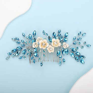 Bridal White Flower Light Blue Crystal Rhinestone Hair Comb for Bride Bridesmaid Sliding side Headpieces Wedding Hair Accessories for Women and Girls (Blue 1)