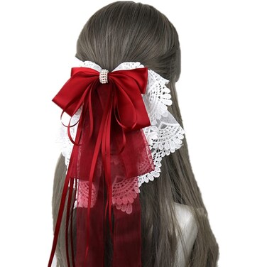 Women Handmade Ribbon Lace Sweet Cute Hairpin Lolita Big Bow Hair Clips Lolita Party Princess Barrette Hair Accessories (Red)