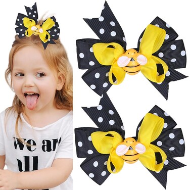 Bee Clip Cute Polka Dot Grosgrain Honey Bee Hair Clips and Barrettes - Alligator Clips for Girls, Party Decor, 2PCS