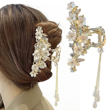 Pearl and Crystal Flower Tassel Hair Claw Clips - Large Metal Claw Clips for Thick Hair, Gold Hair Accessories with Pearls