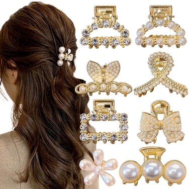 8Pcs Pearl Claw Clip Small Hair Clips for Women,Sweet Pearl Barrettes Various Styles Pearl Hair Claw Clips,Non-slip Mini Claw Clips Gold Hair Clip Decorative Hair Accessories for Women Girl
