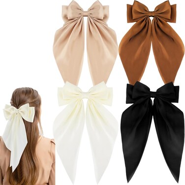 Zkptops 4Pcs Silky Satin Hair Clips - Oversized Cute Bow Barrettes for Women &amp; Girls (Black, Beige, Brown)
