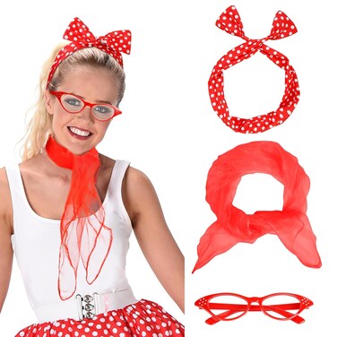 WOVOWOVO 50s Outfits for Women 1950s Halloween Costume Accessories Decades Day Outfit Polka Dot Headband Chiffon Scarf Cat Eye Glasses for Adult Woman Teens (Red)