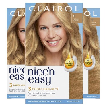 Clairol Nice'n Easy Permanent Hair Dye, 8 Medium Blonde Hair Color, Pack of 3