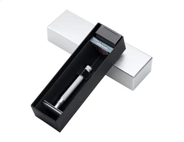 MERKUR Shaving Set 2281 Model with Stand Matt Chrome   Three-Piece Razor with Straight Cut   Ideal for Wet Shaving   Die-Cast Zinc   Brass Handle   Made in Germany