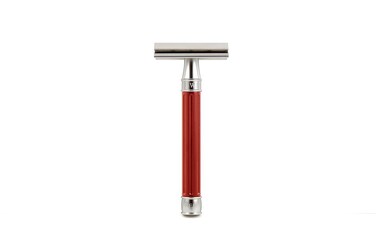 Edwin Jagger 3ONE6 DE Stainless Steel Safety Razor, Grooved, 1x Pack of Razor Blades (Anodized Red)