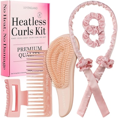 Lily England Heatless Hair Curlers to Sleep In - No Heat Curling Gift Set Includes Satin Headband, Hair Clip, Comb &amp; 2 Scrunchies - Sleek &amp; Smooth Overnight Curls (Peach, 6 Pack)