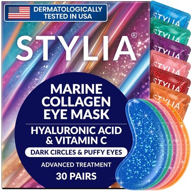 Stylia Under Eye Patches for Dark Circles and Puffy Eyes (30 Pairs), Marine Collagen Eye Mask for Puffiness with Vitamin C, Hyaluronic Acid, Pearl Extract, Eye Gel Pads for Dark Circles and Puffiness