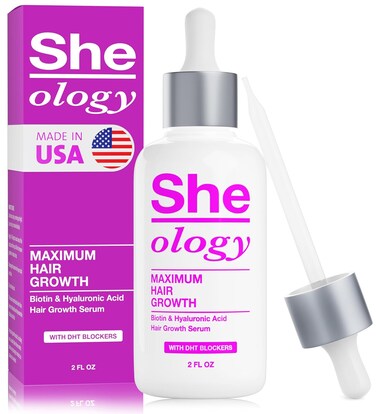 Sheology Maximum Hair Growth Serum with Biotin &amp; Hyaluronic Acid - DHT Blocker for All Hair Types - Anti Hair Thinning &amp; Loss, Thickening &amp; Regrowth - Made in US