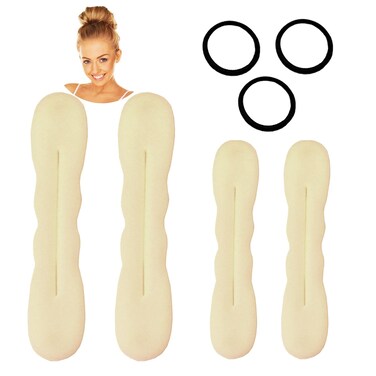 Styla Hair Blonde Magic Hair Bun Maker 4 Pack (2 Small, 2 Large) - Foam Sponge Buns with Hair Ties, Flexible Shaper Accessories for Updos, Ballet Buns, French Twists &amp; More!