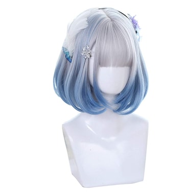 Short Hair Wig Bob Wavy Synthetic Japanese Cute Lolita Rooming Face Natural Natural Daily Girls Cosplay Wigs (Blue)