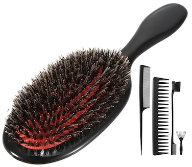 Boar Bristle Detangling Paddle Brush and Comb Set for Curly Fine Wavy Natural Tangled Hair, Anti-frizz Styling Hairbrush for Women Men, Boar Nylon Bristle Cushioned Brush