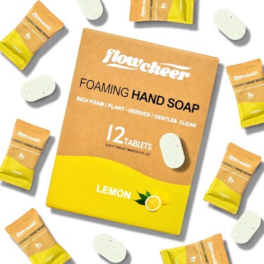 Foaming Hand Soap Tablet Refills-12 pack Makes 96 fl oz (12 x 8 fl oz Bottles)- Lemon Scented Hand Wash Soap Refills Tablets for Zero Waste Eco Friendly Cleaning Supplies