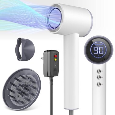 Hair Dryer, HC03 High-speed Blow Dryer for Fast Dry, Ionic Hair Dryer with Diffuser, 1600W, LED Display, Portable Hair Dryer for Travel Home Salon-White