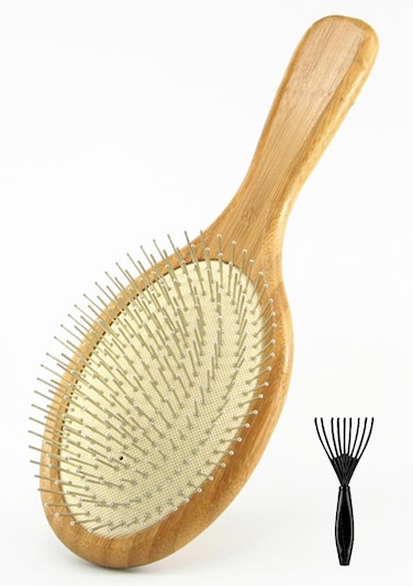 Wooden Paddle Detangling Brush Metal Bristle Hair Brush for Women and Men, Anti-frizz Styling Hairbrush Comb for Curly Fine Wavy Normal Hair, Scalp Massage Brush, Wet or Dry Use