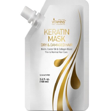 VITAMINS hair cosmetics Keratin Hair Mask Deep Conditioner - Biotin Collagen Protein &amp; Castor Oil Repair for Dry Damaged Hair - Conditioning Treatment for Curly or Straight Thin Fine Locks