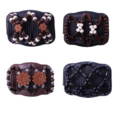 LOVEF Thick Hair Clip Magic Wood Beads Double Hair Comb Clip Stretch Combs for Hair Fashion Design Multi Butterfly Bun Maker for Popular Hairstyles Style 4pcs