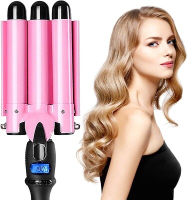 3 Barrel Curling Iron Wand Hair Crimper with Dual Voltage, 1 Inch Hair Waver Iron with LCD Temp Display, Ceramic Tourmaline Crimper Hair Iron, Hair Curler Temperature Adjustable